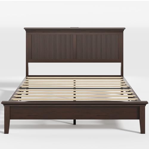 Wood Queen Bed, Solid Wood Bed With Tall Headboard, American Vintage Design, view 5