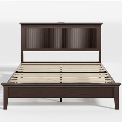 Wood Queen Bed, Solid Wood Bed With Tall Headboard, American Vintage Design, view 5