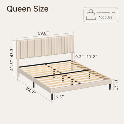 Queen Velvet Bed Frame with Vertical Channel Tufted Headboard Beige, view 3