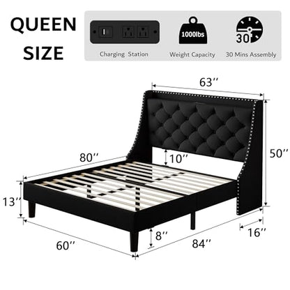 Queen Bed Frame with 16" Comfort Wingback & Charging Station, view 3
