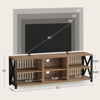 Rustic Entertainment Center for 65 Inch TV, Industrial Wood and Metal TV Stand with Storage Shelf, Modern Television Media Console Table with Cabinet for Living Room Bedroom, Rustic Oak, 55 Inch