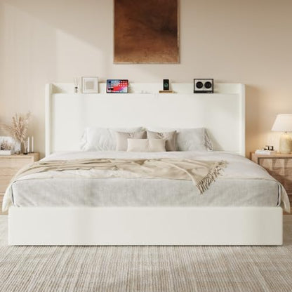 King Size Bed Frame, Chenille Storage Headboard and USB, White, view 2