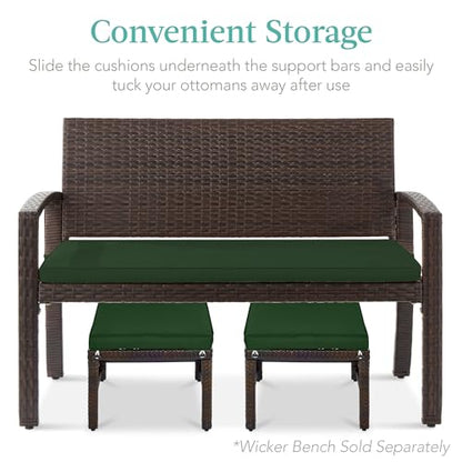 Best Choice Products Set of 2 Wicker Ottomans, Multipurpose Outdoor Furniture for Patio, Backyard, Additional Seating, Footrest, Side Table w/Removable Cushions, Steel Frame - Midnight Green/Brown