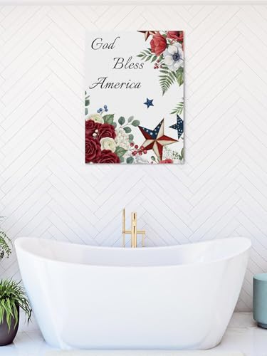 NuYeBiofx Independence Day Floral Star Canvas Wall Art Prints,48"x32" Framed Picture Artwork God Bless America Quote Printed Canvas Oil Painting for Living Room Bedroom Office,Ready to Hang