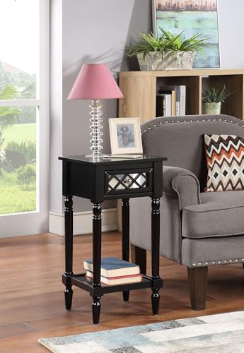 French Country Khloe Deluxe 1 Drawer Accent End Table 14" - Traditional Farmhouse Side Table with Mirrored Storage Drawer and Shelf for Living Room, Black