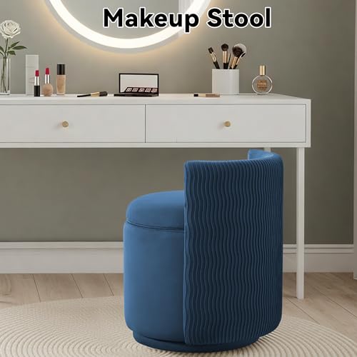 360° Swivel Velvet Vanity Chair with Storage, Barrel Makeup Chair with Wave Back, No Assembly Upholstered Vanity Small Accent Chairs for Living Room, Blue