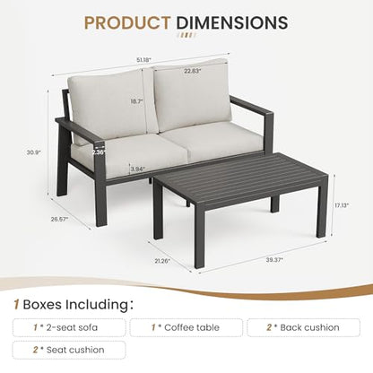 Aluminum Outdoor Loveseat with Coffee Table Small Furniture Patio Love Seat Couch Outdoor Chairs with 4" Cushion Loveseats Sofa for Poolside,Balcony,Deck,Yard