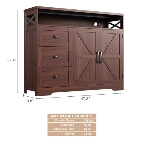 47" Dark Brown Farmhouse Storage Cabinet with Barn Doors and Drawers | Sideboard Buffet Cabinet with Storage, Kitchen Pantry Hutch, Coffee Bar Station Table for Kitchen, Living, Dining Room