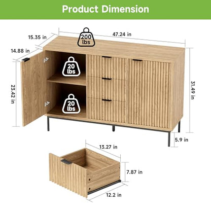Sideboard Buffet Cabinet with Storage, Modern Fluted Cabinet with 2 Doors 3 Drawers, Coffee Bar Accent Storage Credenza, for Kitchen, Living, Dinning Room, Oak