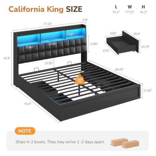 California King Bed Frame with 4 Drawers, 2-Tier Storage Headboard, view 3