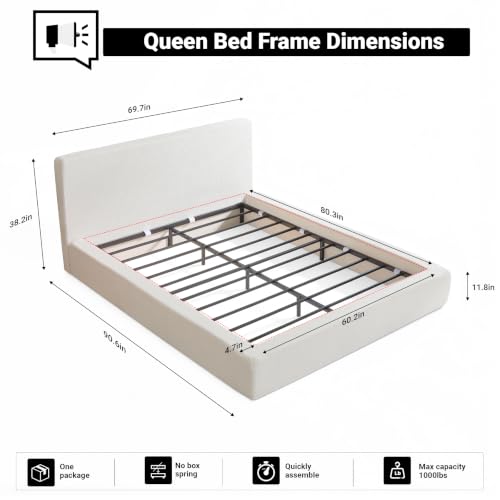 Queen Upholstered Bed Frame w/ Classic Headboard, Cloud Platform Bedframe, view 3