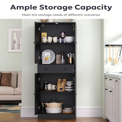 Kitchen Pantry Storage Cabinet, 71" H Farmhouse Pantry Cabinet with 4 Doors & Drawer, Freestanding Cupboard with Adjustable Shelves, Rustic Wood Cupboard for Kitchen, Dining Room, Black