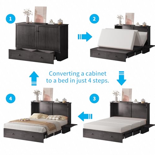 Queen Murphy Bed Cabinet with Drawers, Modern Versatile Wood Chest Cabinet Wall Bed with USB Charging Station, Wooden Guest Beds for Bedroom Home Apartment, No Tri-Fold Mattress - Dark Grey