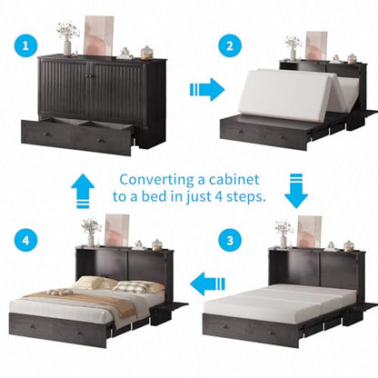 Queen Murphy Bed Cabinet with Drawers, Modern Versatile Wood Chest Cabinet Wall Bed with USB Charging Station, Wooden Guest Beds for Bedroom Home Apartment, No Tri-Fold Mattress - Dark Grey