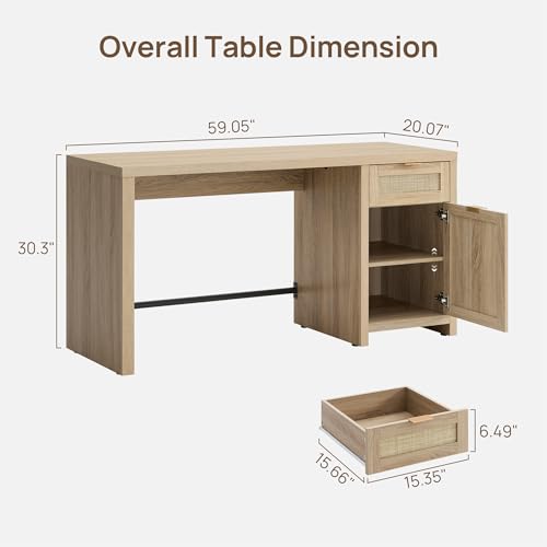 Rattan Home Office Desk with Drawer, 59" Farmhouse Boho Executive Desk with Storage Cabinet, Large Computer Writing Table Vanity Desk for Office, Study, Living Room, Light Oak