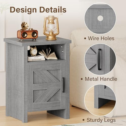Farmhouse Nightstand, Modern Bedside Table with Barn Door and Shelf, Rustic End Table Side Table for Bedroom,Living Room(2, Classic Grey)