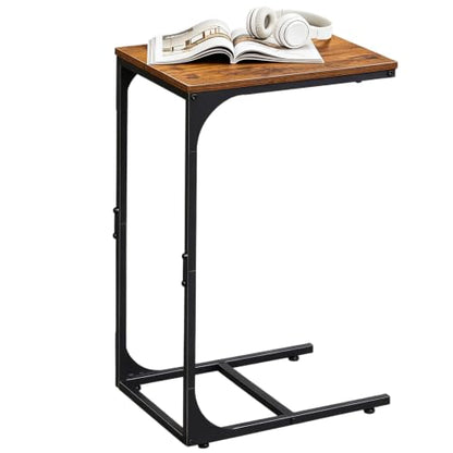 C Shaped End Table, Small Couch Side Tables with Metal Frame that Slide Under, Sofa Table TV Tray for Living Room, Bedroom, Rustic Brown