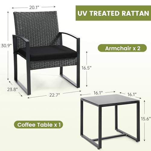 Outdoor 3-Piece Wicker Bistro Set, Rattan Patio Conversation Set with Coffee Table, for Backyard Garden Poolside, Black Frame & Black Cushion