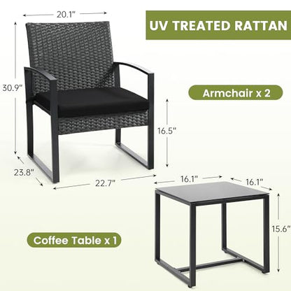 Outdoor 3-Piece Wicker Bistro Set, Rattan Patio Conversation Set with Coffee Table, for Backyard Garden Poolside, Black Frame & Black Cushion
