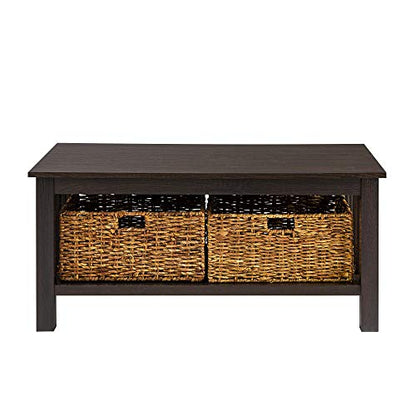 Alayna Mission Style Two Tier Coffee Table with Rattan Storage Baskets, 40 Inch, Espresso
