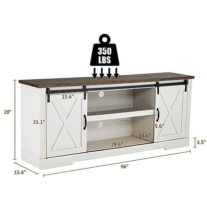 66” TV Stand for 65 Inch TV, Farmhouse Entertainment Center with Storage Cabinets and Adjustable Shelf & Feet, Modern TV Console Table for Living Room or Bedroom, Rustic White & Honey Brown