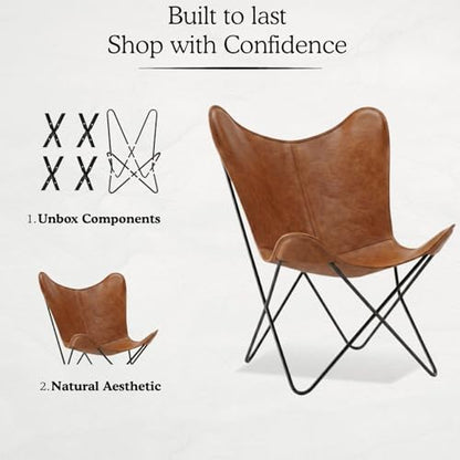 Butterfly Chair - Tan Leather Living Room Chair with Black Metal Base (Iron Frame with Tan Cover)