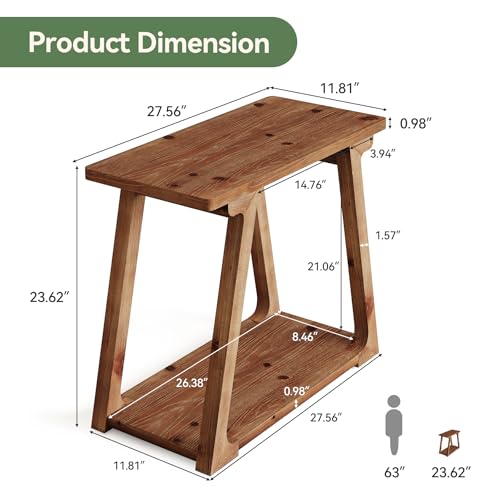 Solid Wood End Table for Living Room, 2-Tier Narrow Rustic Side Table, Rectangle Farmhouse Nightstand for Bedroom, Easy Assembly, Trapezoidal Base (1, Natural Brown)