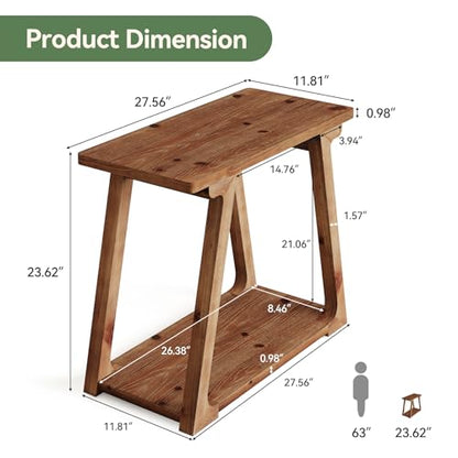 Solid Wood End Table for Living Room, 2-Tier Narrow Rustic Side Table, Rectangle Farmhouse Nightstand for Bedroom, Easy Assembly, Trapezoidal Base (1, Natural Brown)