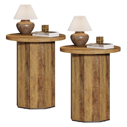 Tribesigns 2pcs Round End Table, Farmhouse Pedestal Side Table, Fluted Wooden Nightstand Drink Stand for Living Room, Bedroom (2)