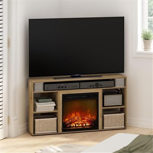 Corner TV Stand with Electric Fireplace, Fits TVs up to 55 in, Flagstaff Oak Finish, CARB Grade Composite Wood, 4 Compartments, Modern Living Room Entertainment Center