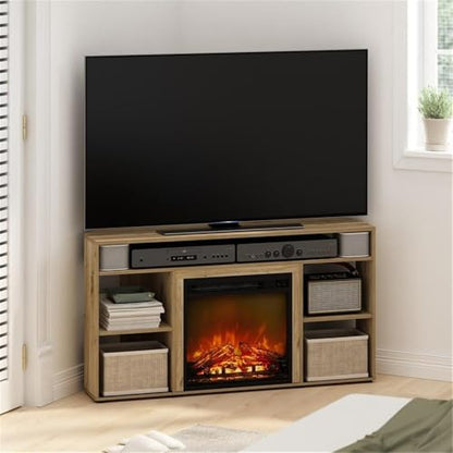 Corner TV Stand with Electric Fireplace, Fits TVs up to 55 in, Flagstaff Oak Finish, CARB Grade Composite Wood, 4 Compartments, Modern Living Room Entertainment Center