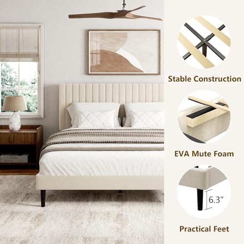 Queen Size Bed Frame with Velvet Upholstered Headboard, view 6