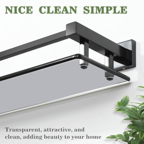 Glass Shelves for Bathroom Wall, Tempered Glass Bathroom Shelf Wall Mounted, Modern Space Saving Floating Shelves 12 inch, Matte Black