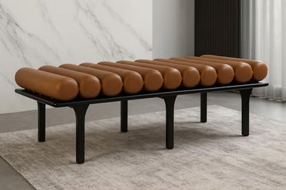 Meridian Furniture 22008Cognac Landon Collection Art Deco Bench with Soft Vintage Cognac Vegan Leather and Solid Wood with Black Finish, 60.5" W x 19.5" D x 18.5" H, Cognac