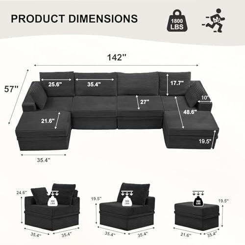 142" Modular Sectional Sofa with Storage, 6-Seater High Density Foam Boneless Couch with Ottoman, 27" Deep Corduroy Oversized Cloud Couch for Living Room, Tool-Free Assembly, Dark Gray