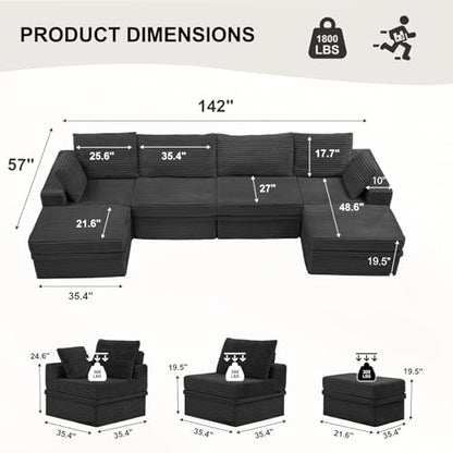 142" Modular Sectional Sofa with Storage, 6-Seater High Density Foam Boneless Couch with Ottoman, 27" Deep Corduroy Oversized Cloud Couch for Living Room, Tool-Free Assembly, Dark Gray
