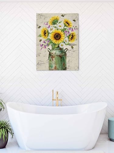 NuYeBiofx Summer Sunflower Daisy Flower Canvas Wall Art Prints,40"x28" Framed Picture Artwork Rustic Bee Retro Mottled Texture Printed Canvas Oil Painting for Living Room Bedroom Office,Ready to Hang