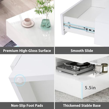 47" High Gloss LED Coffee Table with Storage, 2-Tier Modern Center Table with 2 Sliding Drawers & Open Display Shelf, Wood Rectangle Large Coffee Tables for Living Room, White