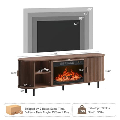 63" Fluted Fireplace TV Stand with 23" Electric Fireplace, Walnut, view 3