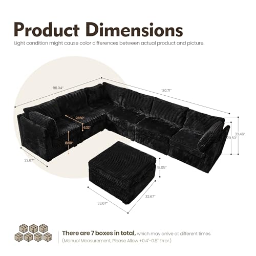 Modular Sectional Sofa,7 Pieces Sectional Couches for Living Room,131X66 U Shaped Cloud Couch with Ottoman Chaise Set(Black Velvet Corduroy)
