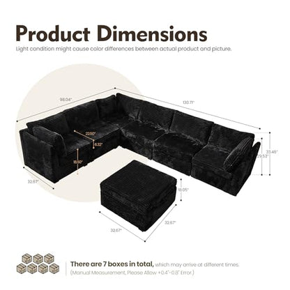 Modular Sectional Sofa,7 Pieces Sectional Couches for Living Room,131X66 U Shaped Cloud Couch with Ottoman Chaise Set(Black Velvet Corduroy)