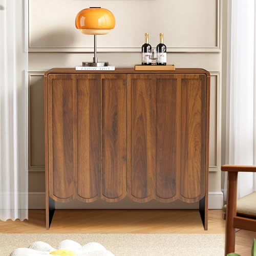 Sideboard Buffet Cabinet, Accent Storage Cabinets with 2 Doors, Farmhouse Wood Cabinet with Adjustable Shelves and Wave Panel for Living Room, Dining Room, Entry - Walnut