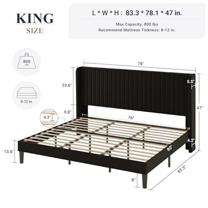 King Size Velvet Bed Frame/Vertical Channel Tufted Wingback, view 3