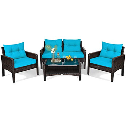 4-Piece Patio Furniture Set Outdoor Rattan Wicker Conversation Set with Coffee Table, Sectional Sofa Bistro Set with Cushions for Garden Poolside Backyard