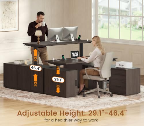L Shaped Electric Standing Desk with 3 Drawers and Power Outlet, view 4