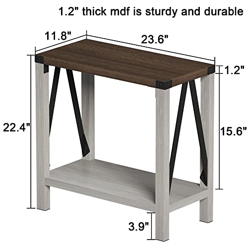 Farmhouse End Table Set of 2, Narrow Side End Table with Storage Shelf, Rustic A-Design Nightstand Sofa Table for Living Room, Bedroom(White&Brown)
