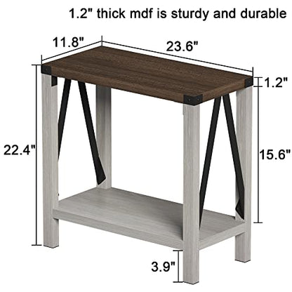 Farmhouse End Table Set of 2, Narrow Side End Table with Storage Shelf, Rustic A-Design Nightstand Sofa Table for Living Room, Bedroom(White&Brown)