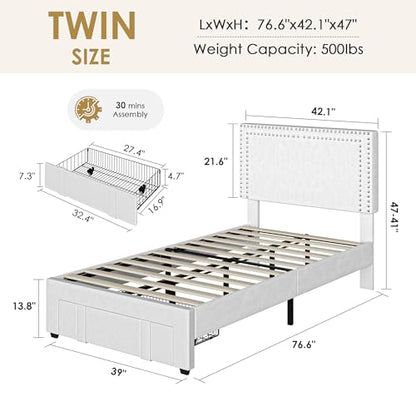 Twin Size Upholstered Bed Frame with Storage Drawer, view 3