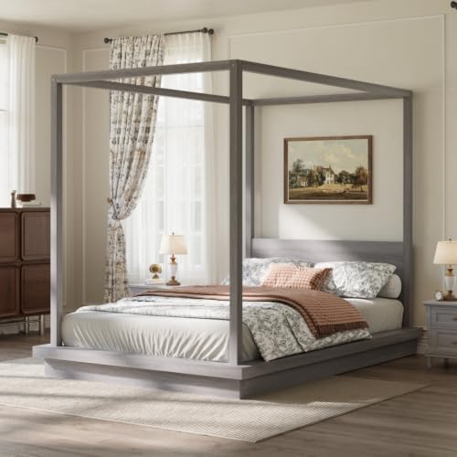 Queen Size Canopy Bed with Headboard (Gray), view 4