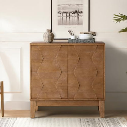 Mid Century Modern Buffet Cabinet with Solid Wood Legs, Adjustable Shelf Accent Cabinet, Storage Unit for Kitchen, Living Room, Dining, Hallway, 3D Geometric(Seadrift)